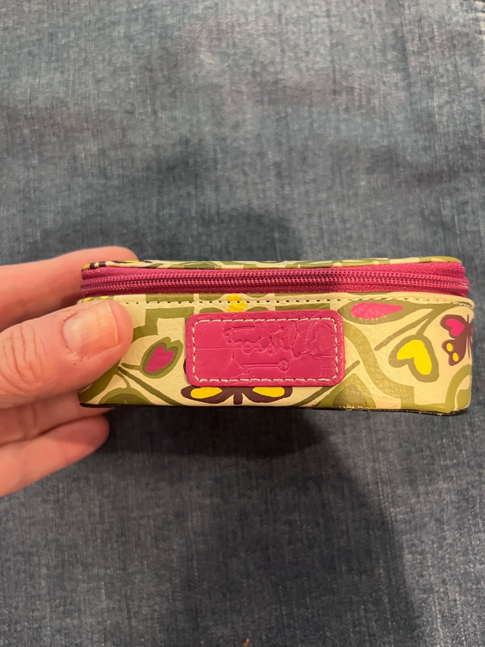 NWOT Small Fossil Jewelry Case- Pink & Green Butterflies